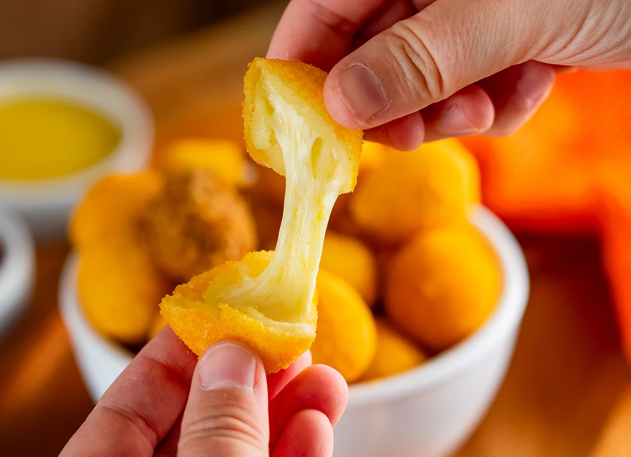 Bolinha de queijo derretido sendo aberta, recheio cremoso – Vó Linda Casa de Salgados