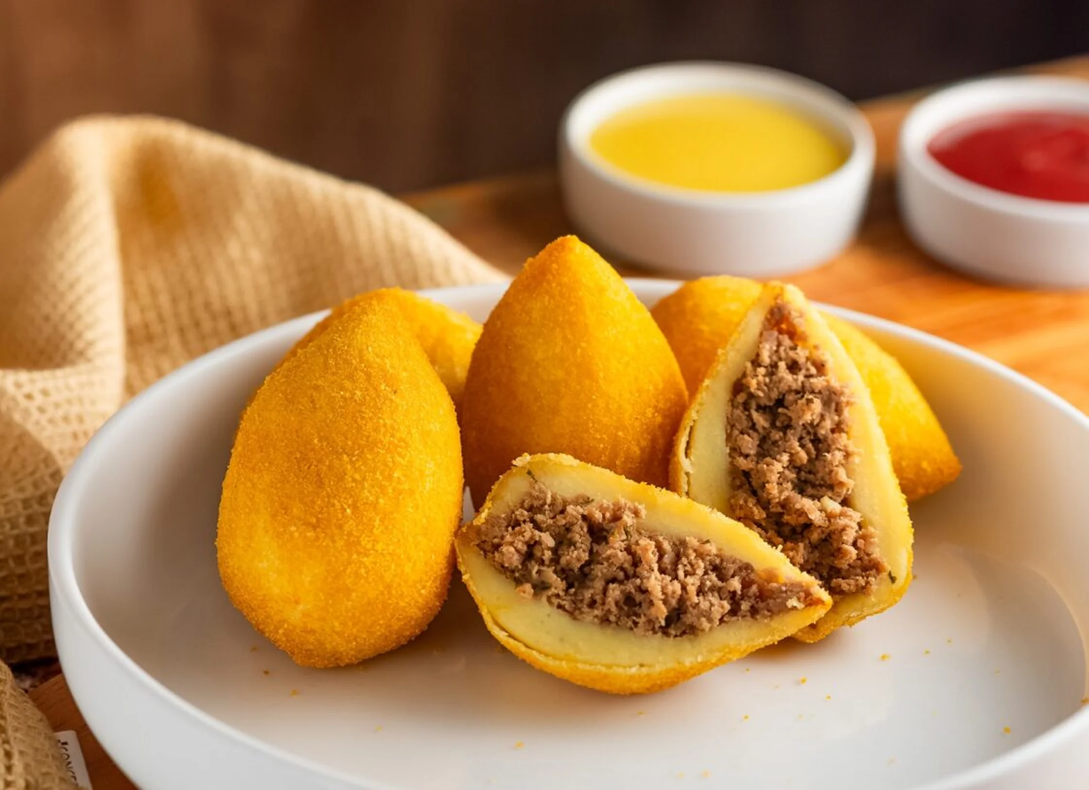 Coxinha de carne moída da Vó Linda Casa de Salgados servida com molhos amarelo e vermelho