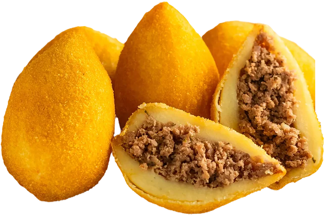 Coxinha de carne moída frita com fundo transparente – Vó Linda Casa de Salgados