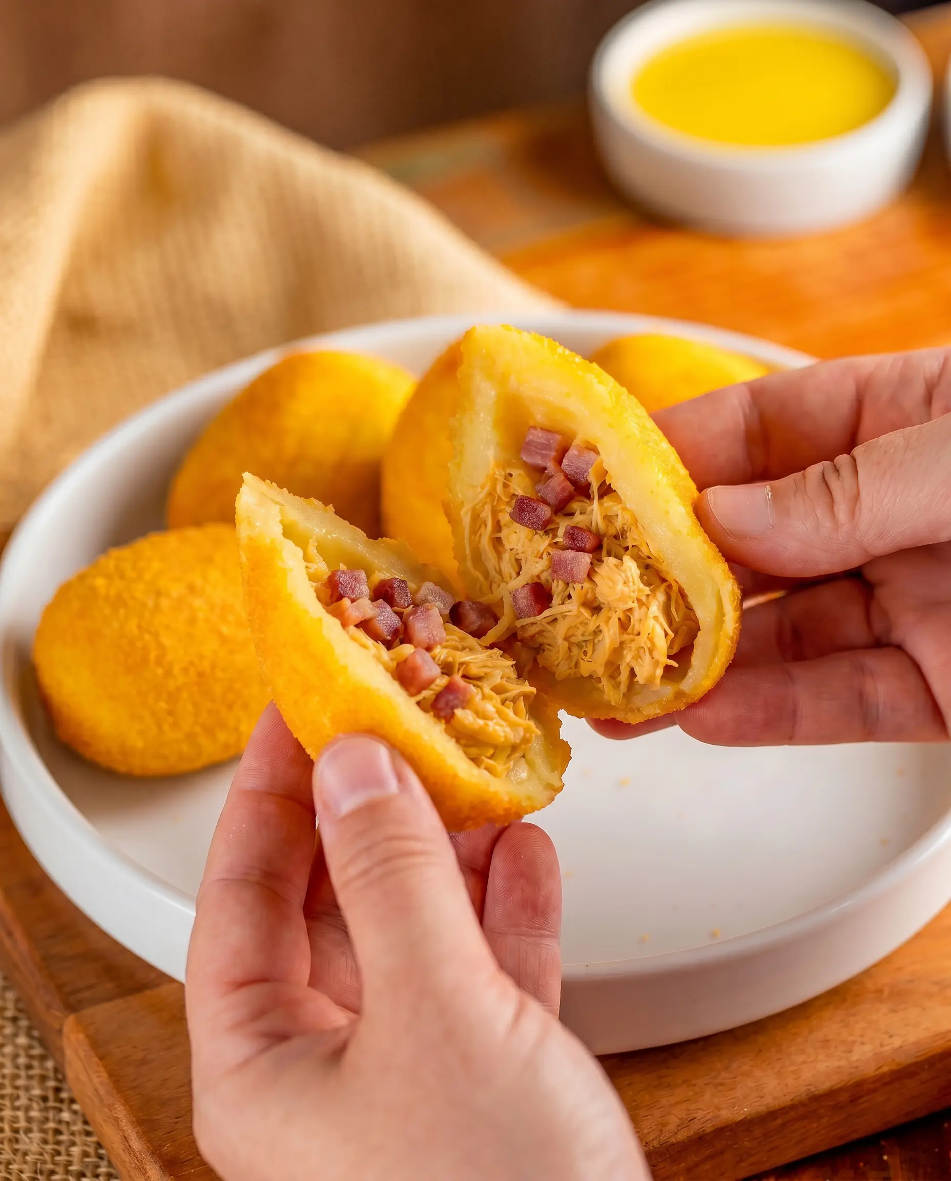 Coxinha de frango com bacon sendo aberta mostrando o recheio – Vó Linda Casa de Salgados